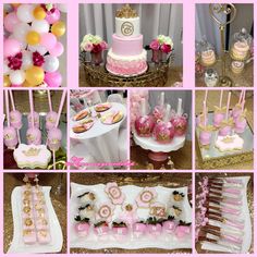 pink and gold baby shower party with cake, cookies, candy bars, desserts