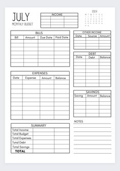 the printable july budget sheet is shown in black and white, with an image of bill