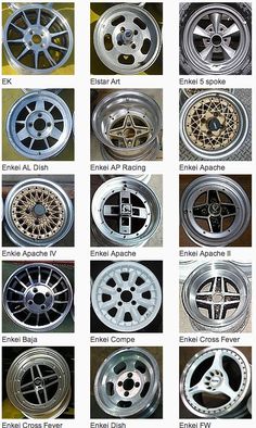 various types of wheel rims and spokes for different cars, including one with the number