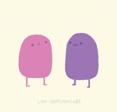 two purple and pink cartoon characters standing next to each other on a white background with the caption, love valentine's day