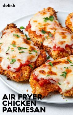 two pictures of chicken parmesan on a plate with the words air fryer chicken parmesan