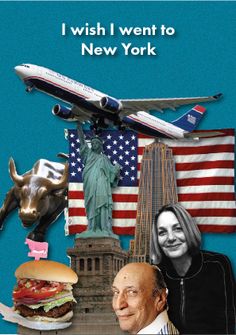 a collage of photos with the statue of liberty, american flag and an airplane