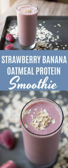 This Strawberry Banana Oatmeal Protein is super thick, creamy and will keep you full until lunchtime. Use gluten free oats to keep it gluten free! #smoothie #plantbased #breakfast #vegetarian #realfood #glutenfree Oatmeal Protein Smoothie, Strawberry Banana Oatmeal, High Protein Smoothie Recipes, Oatmeal Protein, Gluten Free Smoothie, Breakfast Vegetarian, Apricot Smoothie, Banana Apple Smoothie, High Protein Smoothies