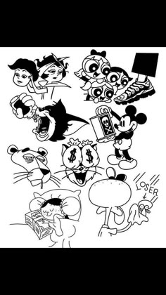 an iphone screen with cartoon characters drawn on it and the caption is in black and white