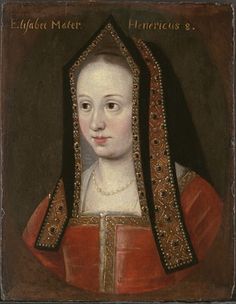 an old painting of a woman wearing a red dress with gold trimmings on her head