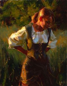 a painting of a woman in an old fashioned dress standing in the grass with her hands on her hips