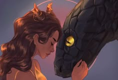 a drawing of a woman and a black dragon head with gold eyes looking at each other