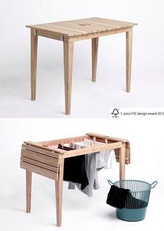 the table is made out of wood and has an open drawer for clothes on it