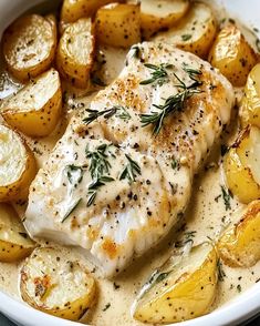 Learn how to make Cod & Potatoes in Rosemary Cream Sauce with this simple recipe. A perfect, flavorful meal for any occasion. Fish Cream Sauce Recipes, White Fish In Cream Sauce, Cod And Potatoes Recipes, Fish And Potato Recipes, Cod Potatoes, Fish With Cream Sauce, Rosemary Cream Sauce, Cod And Potatoes, Cod With Potatoes