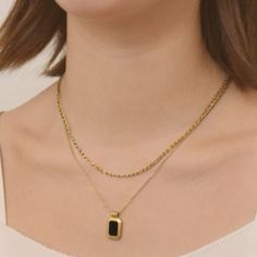 "Black Onyx Double Layer Chain Necklace - Featuring a Double Layer Chain Necklace, simple and great for any occasion - Length: Chain: 15.5\", Black Onyx: 17\", + 2.25\" Extender - Base Material: High Quality Stainless Steel - Finish: 18K Gold - Nickel Free and Tarnish Free - All our jewelry is packaged in gift ready boxes. If you would like multiple items from your order packaged separately please let us know! © 2023 Generation of Daughters" Black Necklace With Adjustable Chain And Rectangular Pendant, Black Pendant Chain Necklace Gift, Black Pendant Charm Necklace With Chain, Black Charm Necklaces With Chain For Gift, Black Pendant Charm Necklace For Everyday, Black Pendant Charm Necklace, Everyday Black Pendant Charm Necklace, Black Necklace With Rectangular Pendant For Everyday, Black Pendant Charm Necklace With Adjustable Chain