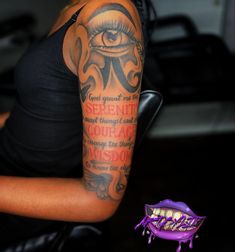 a woman with a tattoo on her arm next to a toothbrush and an eyeball