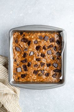 a pan filled with baked oatmeal and chocolate chips