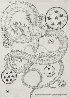 a black and white drawing of a dragon with stars on it's head, surrounded by other items