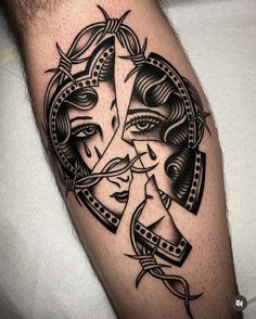 a woman's face in a circle tattoo design on the right thigh and leg