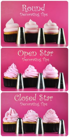 three pictures showing different types of cupcakes with pink frosting on top and bottom