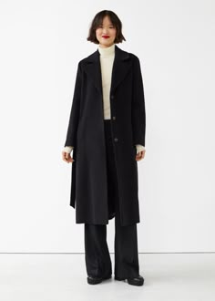 Relaxed wool-blend pile coat crafted from a blend of alpaca and wool pile. Designed with a notched lapel collar and single-breasted front with a belted waistline.- Relaxed fit- Fully lined - Two slanted pockets Length of coat: 115cm / 45.3" (EU 36 / UK 10 / US 4) Ny Winter, Black Coat Outfit, Double Breasted Coat Women, Cold Fashion, Korea Trip, Find My Style, Boucle Coat, Black Wardrobe, Minimalist Closet