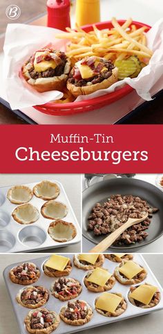 muffin tin cheeseburgers are shown in this collage