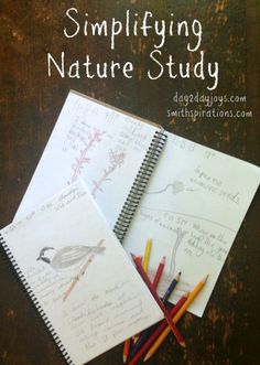 two notebooks with writing on them and colored pencils next to one that says simplifying nature study