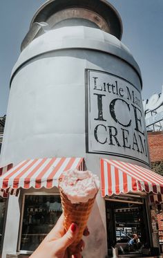 a hand holding an ice cream cone in front of a building