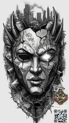 a drawing of a man with horns and tattoos on his face is shown in front of a cityscape