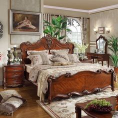 an ornate wooden bed frame in a bedroom