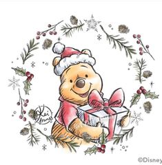 a drawing of a teddy bear holding a christmas present