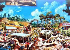 a painting of an amusement park filled with people