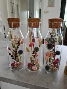 three glass bottles with dried flowers in them