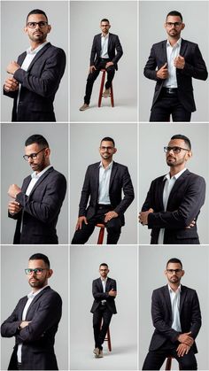 a collage of photos of a man in suit and tie sitting on a chair