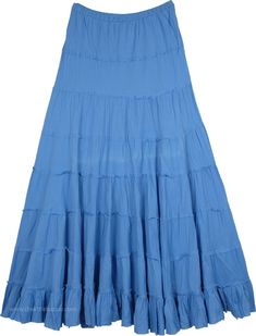 A cool everyday summer fun skirt in solid blue, ankle length, this skirt is divided into eight tiers with slight gathers on them.  The tiered layers have an unfinished hem and the skirt is lined up to the knee in cotton fabric as well. #tlb #XLPlus #Misses #TieredSkirt #Solid Blue Tiered Skirt For Spring, Blue Tiered Bottoms With Ruffle Hem, Tiered Cotton Skirt With Layered Hem, Blue Cotton Bottoms With Ruffle Hem, Casual Blue Tiered Bottoms, Solid Tiered Skirt With Ruffle Hem, Solid Color Tiered Ruffled Skirt, Solid Tiered Ruffled Skirt, Solid Color Tiered Flowy Skirt