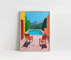 two wooden chairs sitting in front of a painting on the wall next to a pool