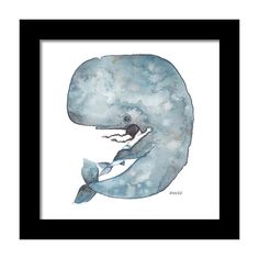 a watercolor painting of a whale with a girl on it's back