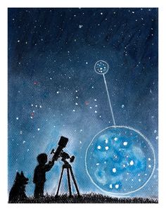 a painting of a boy looking at the stars with a telescope in his hand and a dog standing next to him