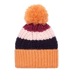 Our Phoebe beanie bobble hat in the stripe is perfect to keep you warm and cosy this winter. The perfect gift for yourself or a loved one, Phoebe is in fun unique bold stripe filled with pops of peach and blush that harmonise perfectly with the berry and Navy tones. With a pom pom bobble & a chunky turn up. Wear as a set - Phoebe hat matches the Leia scarf and the Allie Cardigan Designed in London and made lovingly in the UK Care Instructions: Machine Wash. See garment care label for full instru Chunky Knit Scarves, Garment Care Labels, Cardigan Design, Bobble Hat, Striped Beanies, Bobble Hats, Striped Scarves, Yellow Pattern, Bold Stripes