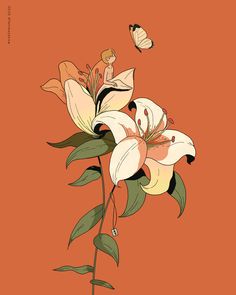 an orange background with white lilies and two butterflies flying over it in the air