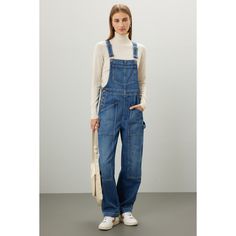 Blue denim (100% Cotton). Overalls. Sleeveless. Square neck. Side button closure. 39.5" from shoulder to hemline. 30" inseam. 17" leg opening. Imported. Carpenter Overalls, Cotton Overalls, California Cool, Rent The Runway, Closet Designs, Madewell Denim, Off Duty, Square Neck, Madewell