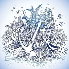 an anchor surrounded by marine life on a blue background