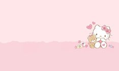 a hello kitty wallpaper with two teddy bears and hearts on the pink background,