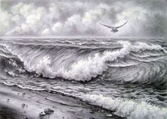 a drawing of a bird flying over the ocean