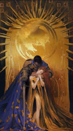 an image of a man hugging a woman in front of a golden sun