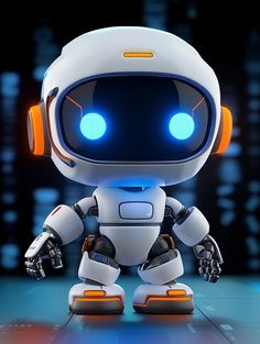 a robot with glowing eyes standing in front of a dark background