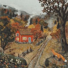 a painting of a red house in the woods