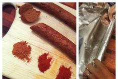 some food that is laying out on top of a cutting board and in tin foil