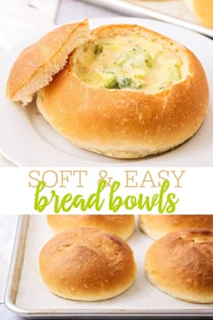 the bread bowl is filled with broccoli and cheese