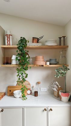 Beautiful kitchen shelving with link to pink dish set. Plants, candle holders, stoneware. Gray Kitchen Countertops, Kitchen Shelf Decor Ideas, Kitchen Bookshelf, Shelving Kitchen, Kitchen Vignettes, Natural Wood Kitchen, Wallpaper Kitchen