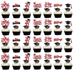 cupcakes decorated with graduation caps and tassels are arranged in the shape of numbers