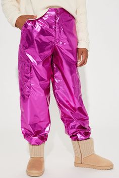 Mini Light My Fire Metallic Cargo Jogger - Pink Swishy Pants, Straight Cut Pants, Metallic Pants, Slacks For Women, Shiny Pants, Hipster Fashion, Leather Zipper, High Waisted Trousers, Drawstring Pants