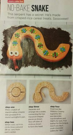 the instructions for making an animal cracker snake are displayed in front of a magazine