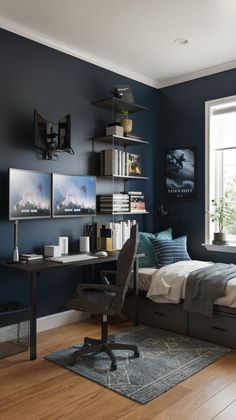 a bedroom with dark blue walls and wooden flooring is furnished with a bed, desk, bookshelf and computer monitor