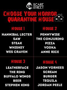 the four house names are shown in red and black, with text above them that says choose your horror quaranne house